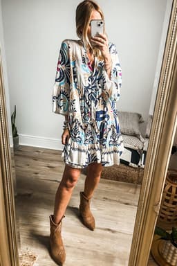 image-White Printed Tribal Print Bracelet Sleeve Buttoned Mini Dress
