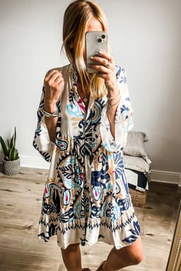 image-White Printed Tribal Print Bracelet Sleeve Buttoned Mini Dress