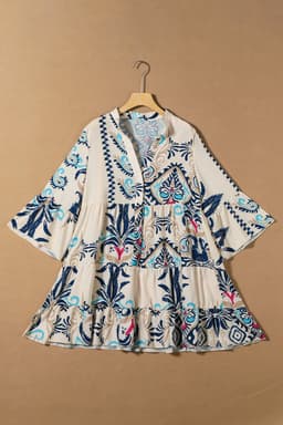 image-White Printed Tribal Print Bracelet Sleeve Buttoned Mini Dress