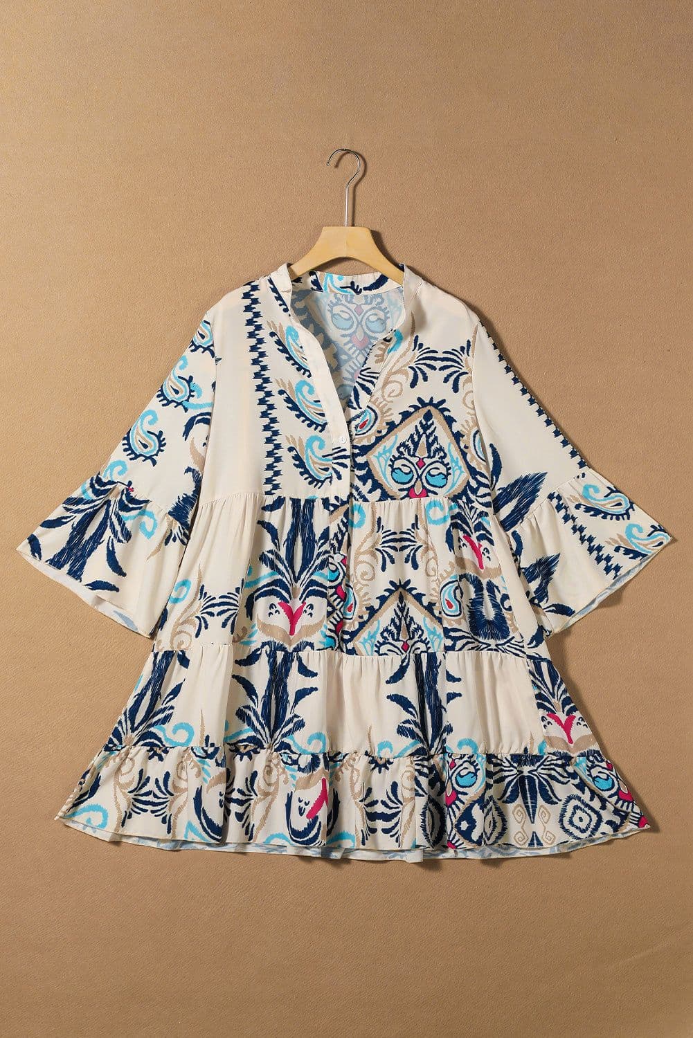 image-White Printed Tribal Print Bracelet Sleeve Buttoned Mini Dress