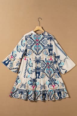 image-White Printed Tribal Print Bracelet Sleeve Buttoned Mini Dress