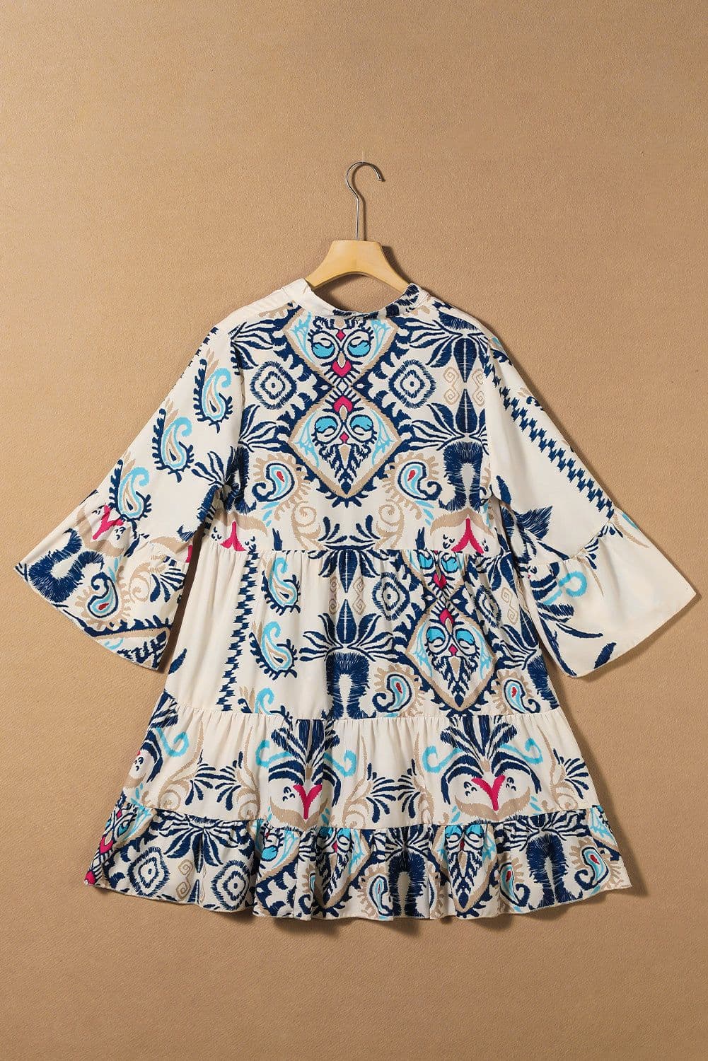 image-White Printed Tribal Print Bracelet Sleeve Buttoned Mini Dress