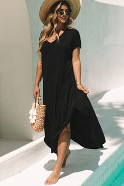 image-Black V Neck Hidden Pocket Splits Maxi T-shirt Dress
