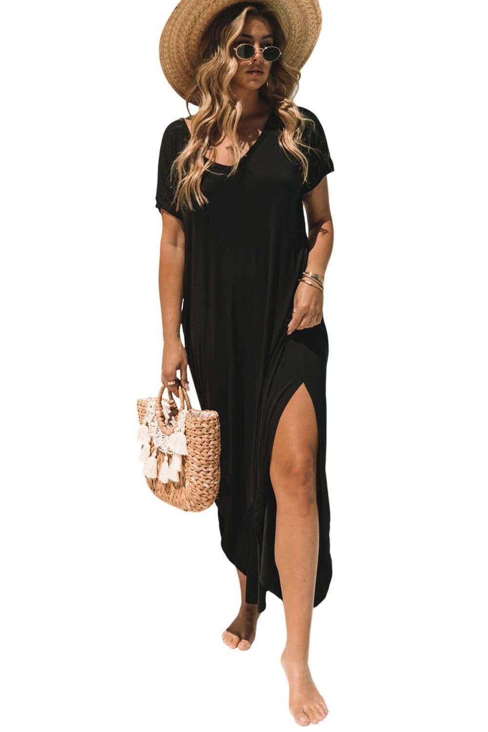 image-Black V Neck Hidden Pocket Splits Maxi T-shirt Dress