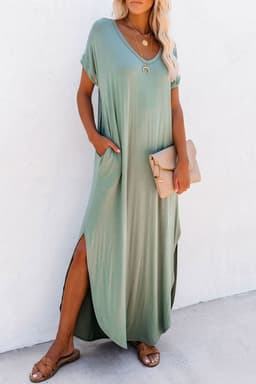 image-Black V Neck Hidden Pocket Splits Maxi T-shirt Dress