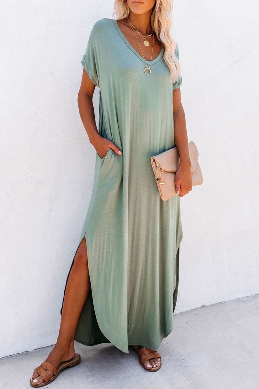 image-Black V Neck Hidden Pocket Splits Maxi T-shirt Dress