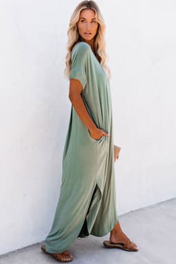 image-Black V Neck Hidden Pocket Splits Maxi T-shirt Dress