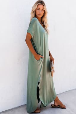 image-Black V Neck Hidden Pocket Splits Maxi T-shirt Dress