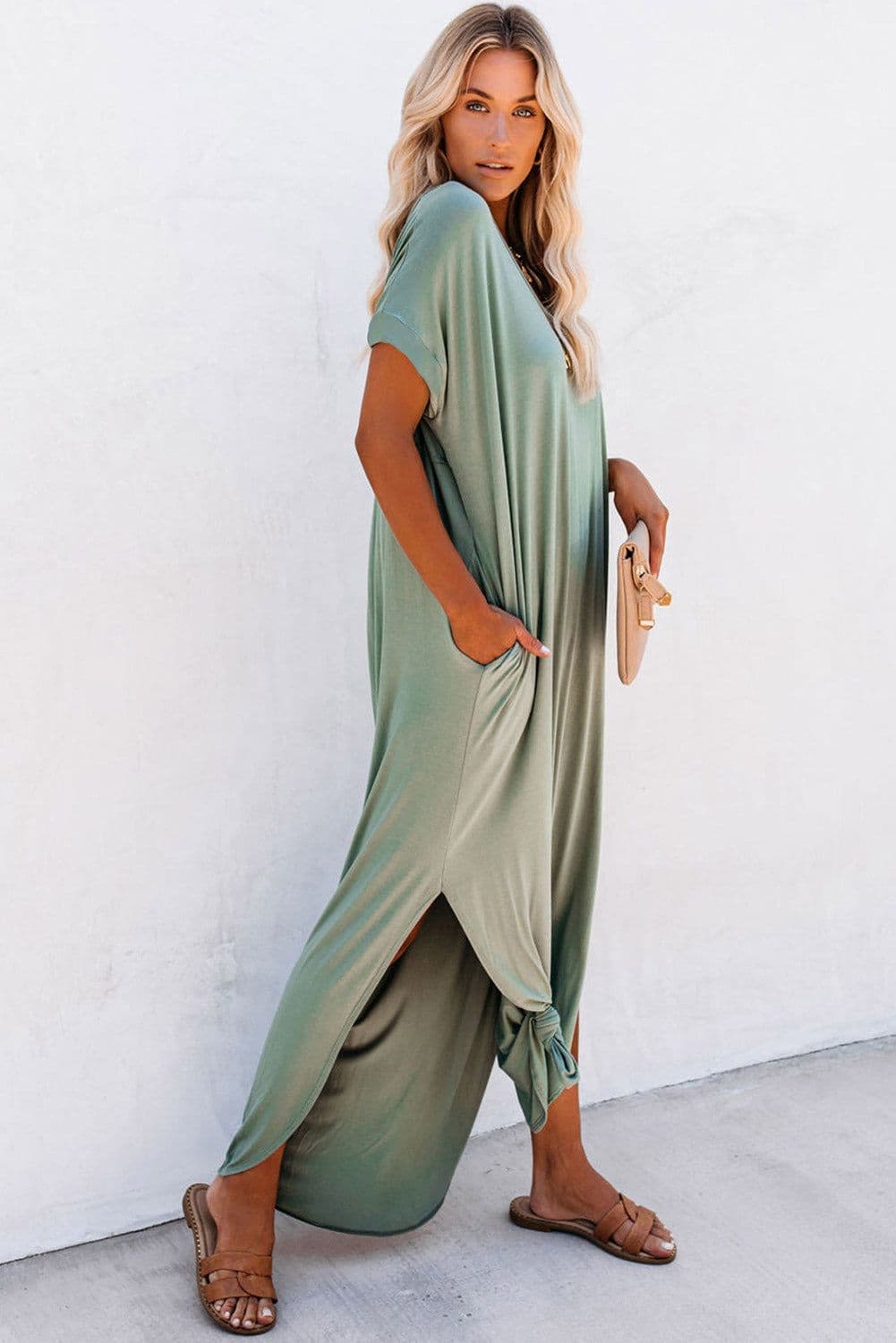 image-Black V Neck Hidden Pocket Splits Maxi T-shirt Dress