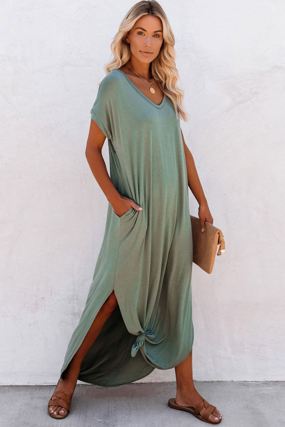image-Black V Neck Hidden Pocket Splits Maxi T-shirt Dress