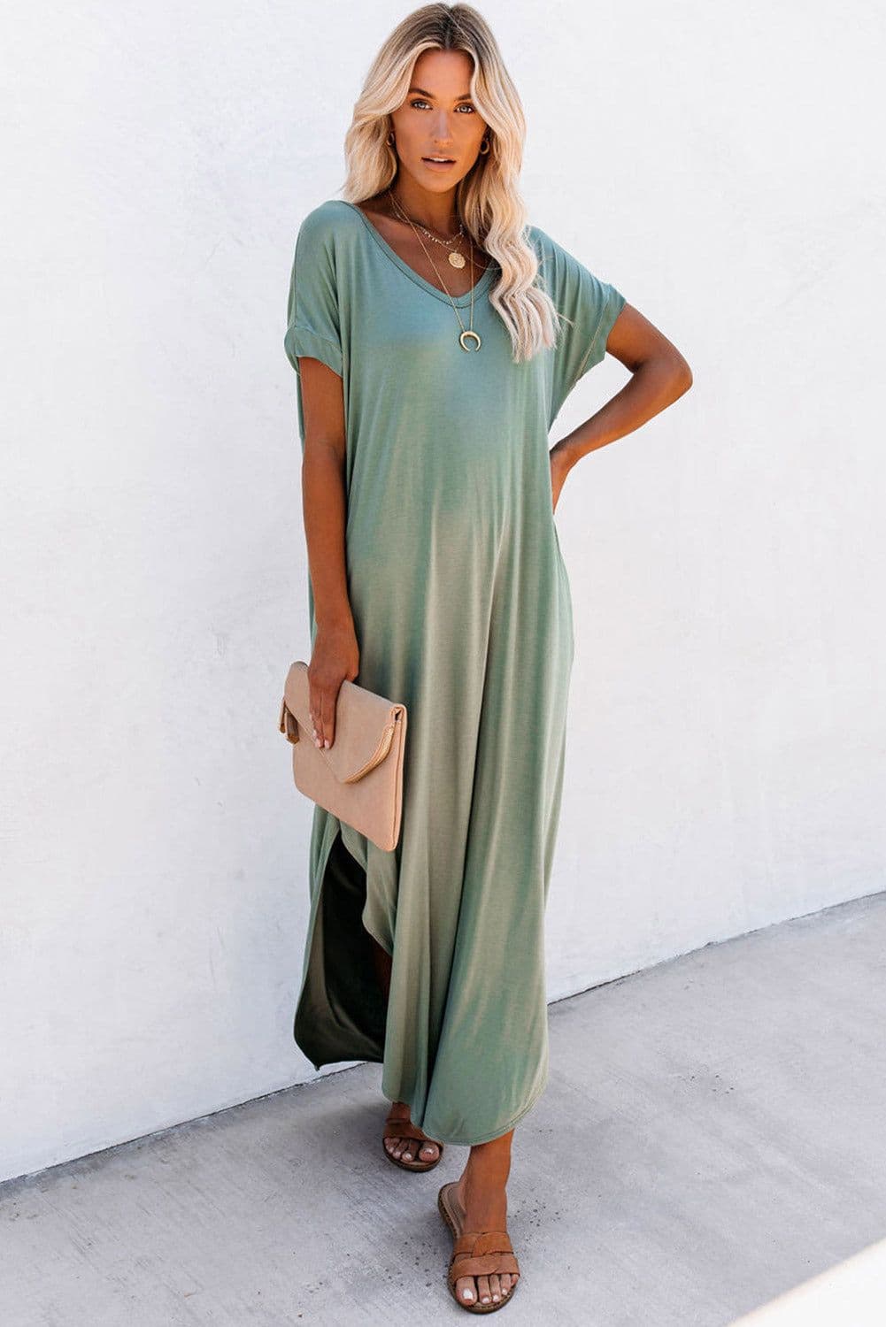 image-Black V Neck Hidden Pocket Splits Maxi T-shirt Dress
