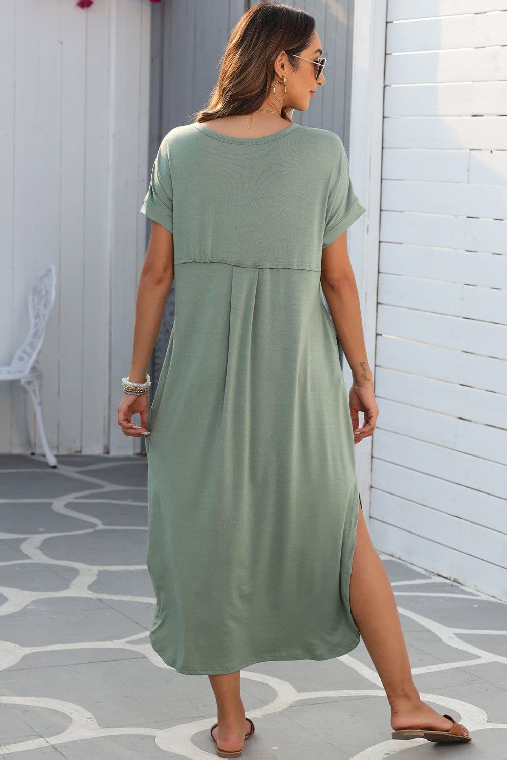 image-Black V Neck Hidden Pocket Splits Maxi T-shirt Dress