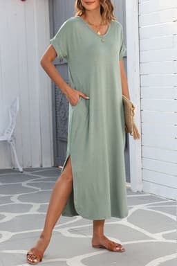 image-Black V Neck Hidden Pocket Splits Maxi T-shirt Dress