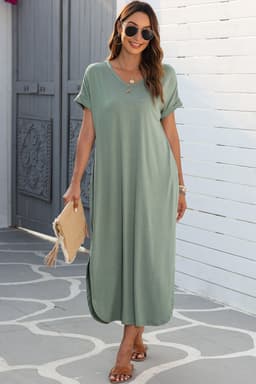 image-Black V Neck Hidden Pocket Splits Maxi T-shirt Dress