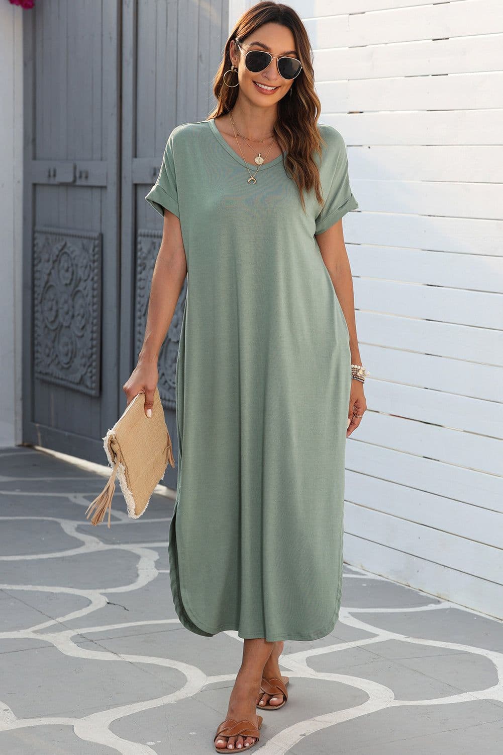 image-Black V Neck Hidden Pocket Splits Maxi T-shirt Dress
