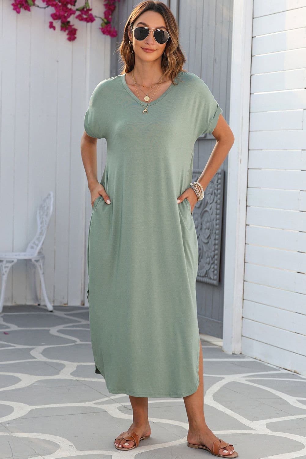 image-Black V Neck Hidden Pocket Splits Maxi T-shirt Dress