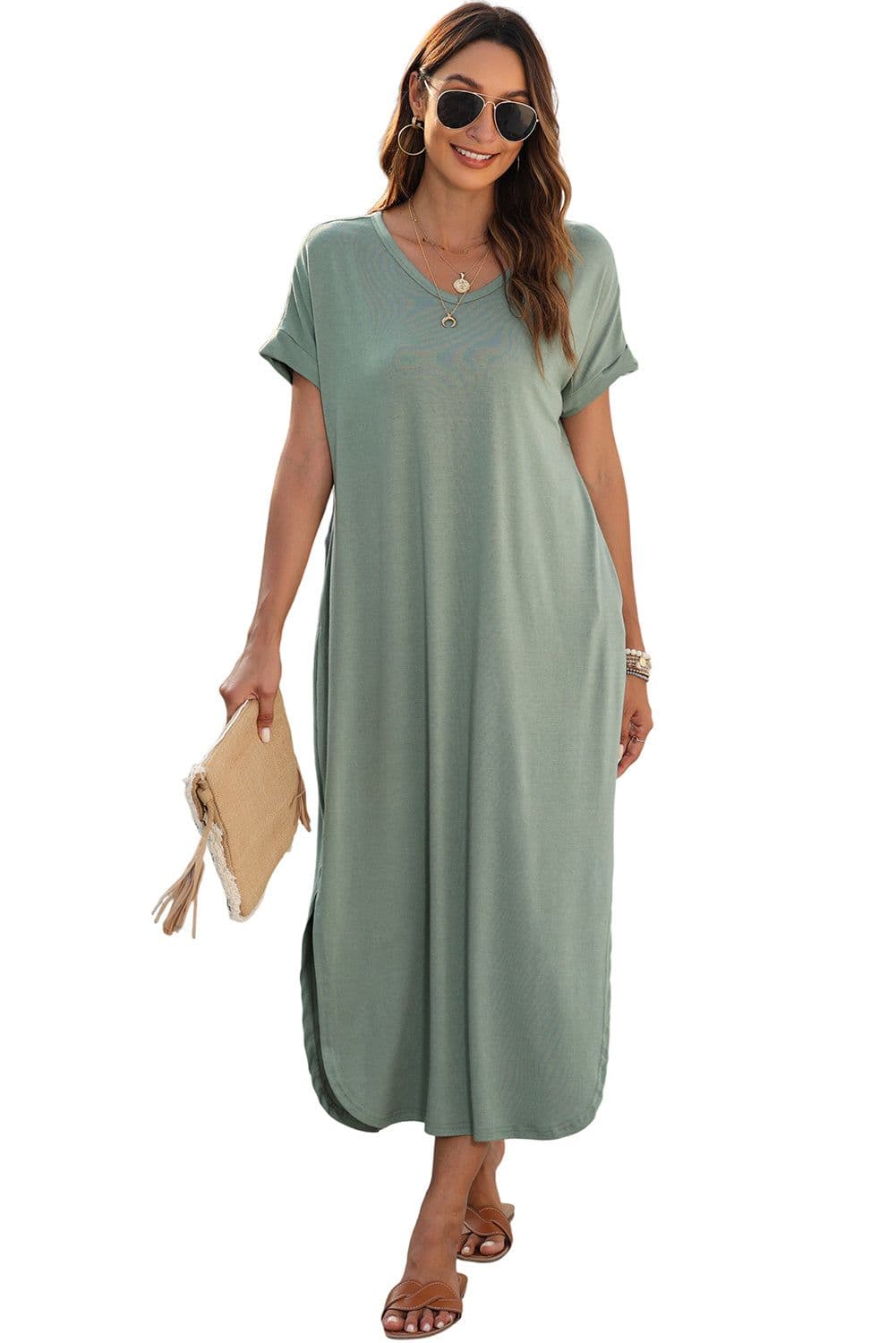 image-Black V Neck Hidden Pocket Splits Maxi T-shirt Dress