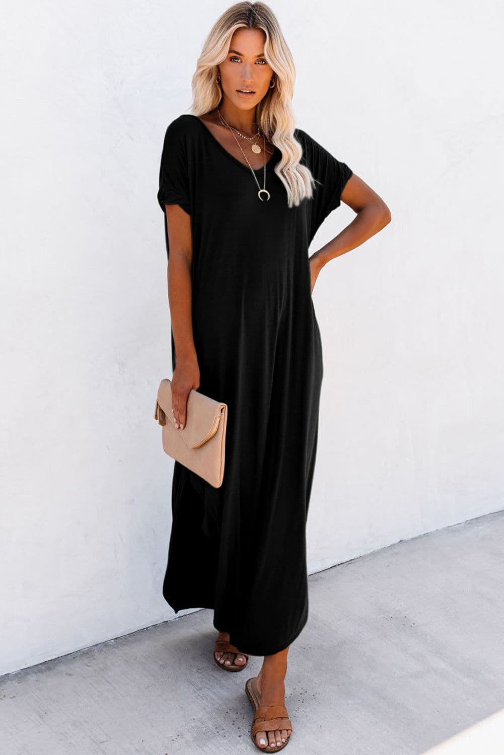 image-Black V Neck Hidden Pocket Splits Maxi T-shirt Dress