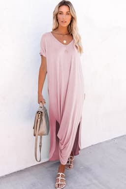 image-Black V Neck Hidden Pocket Splits Maxi T-shirt Dress