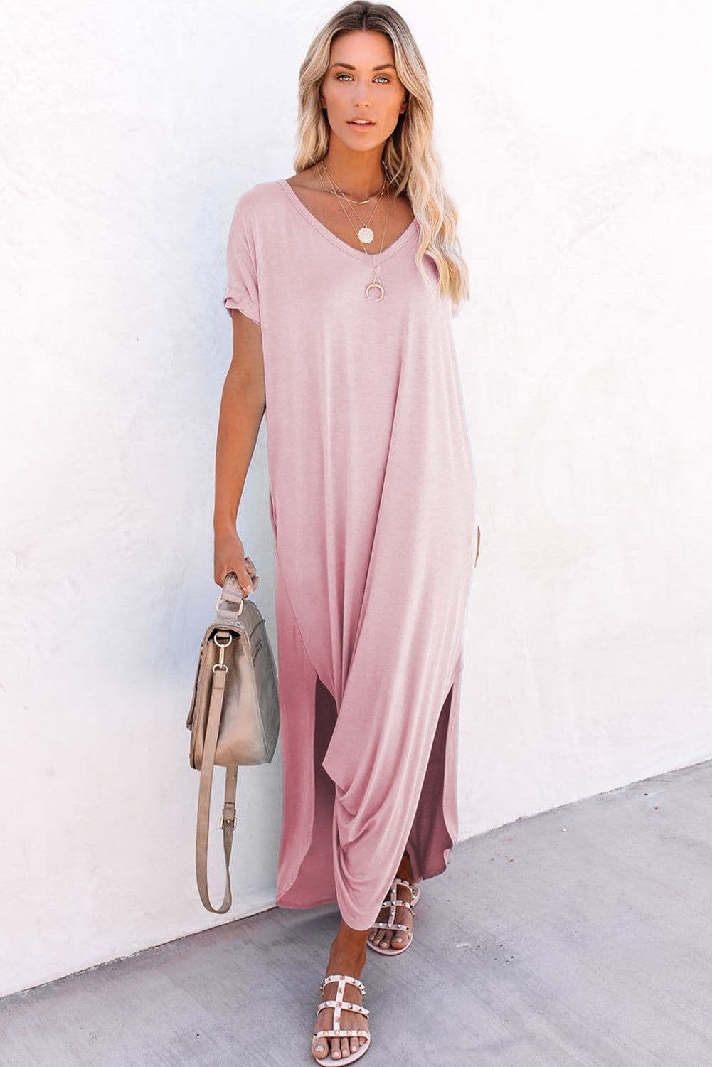image-Black V Neck Hidden Pocket Splits Maxi T-shirt Dress