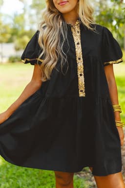 image-Black Sequin Trim Bubble Sleeve Game Day Shirt Dress