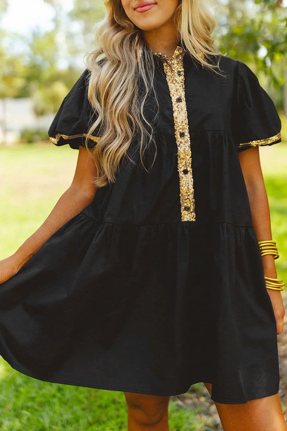 image-Black Sequin Trim Bubble Sleeve Game Day Shirt Dress