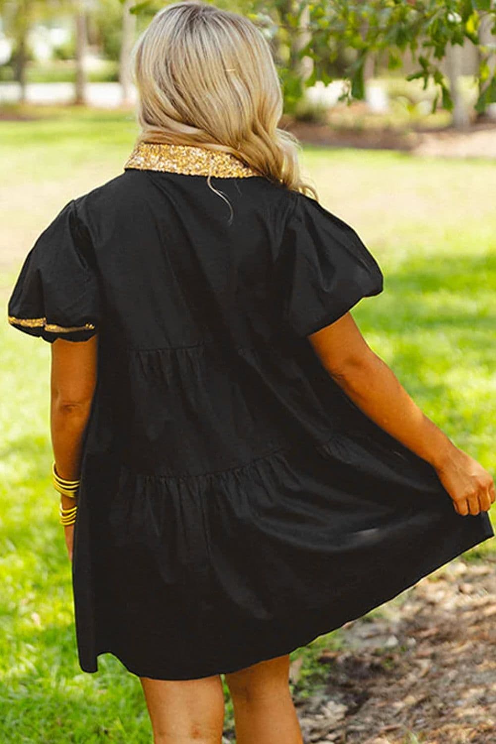 image-Black Sequin Trim Bubble Sleeve Game Day Shirt Dress
