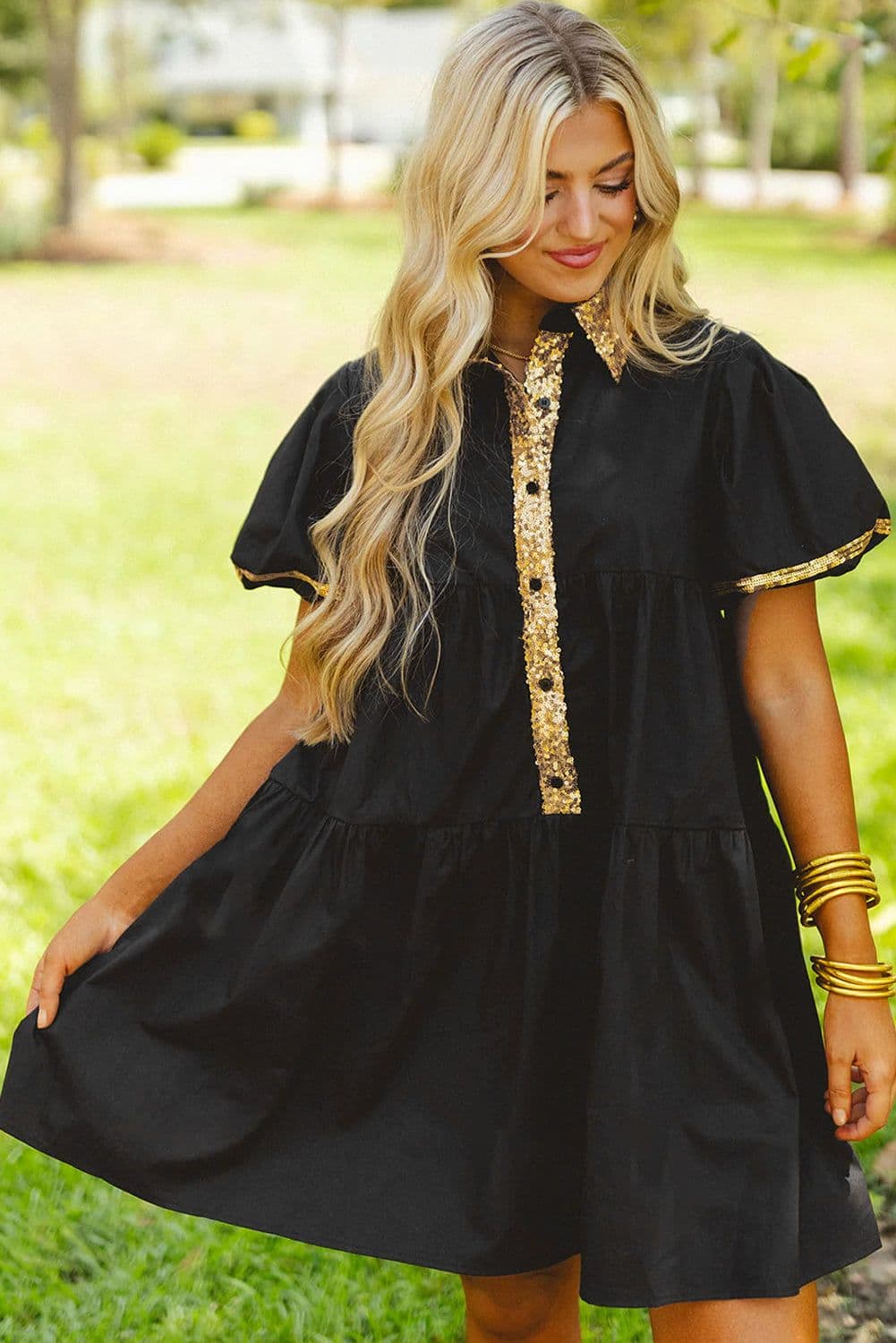 image-Black Sequin Trim Bubble Sleeve Game Day Shirt Dress