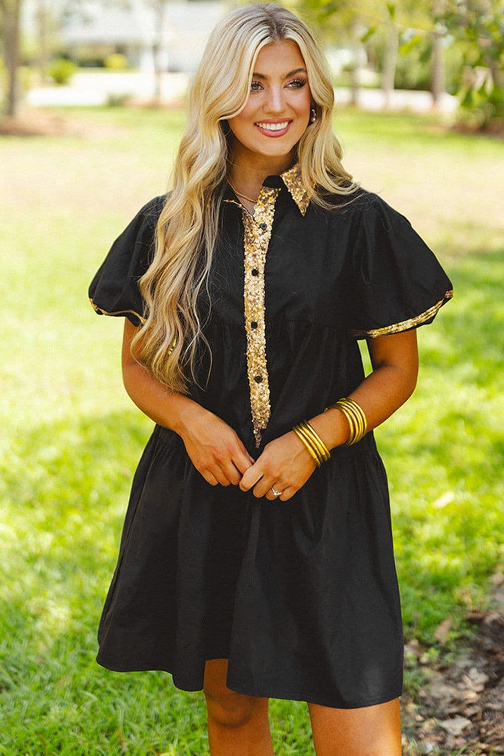 image-Black Sequin Trim Bubble Sleeve Game Day Shirt Dress