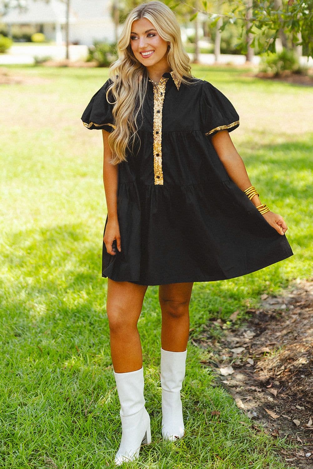 image-Black Sequin Trim Bubble Sleeve Game Day Shirt Dress