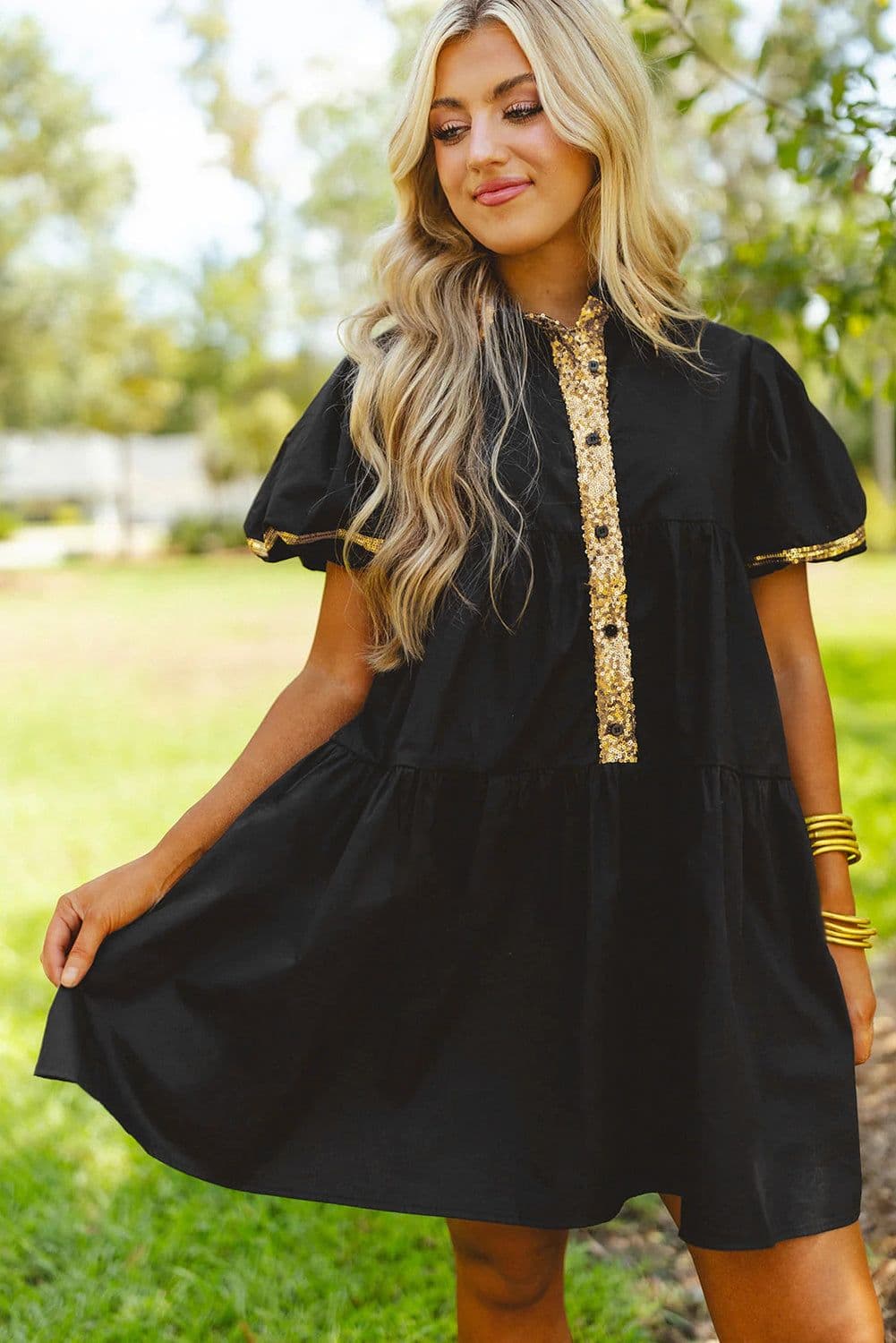 image-Black Sequin Trim Bubble Sleeve Game Day Shirt Dress