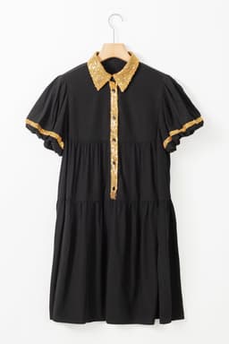 image-Black Sequin Trim Bubble Sleeve Game Day Shirt Dress