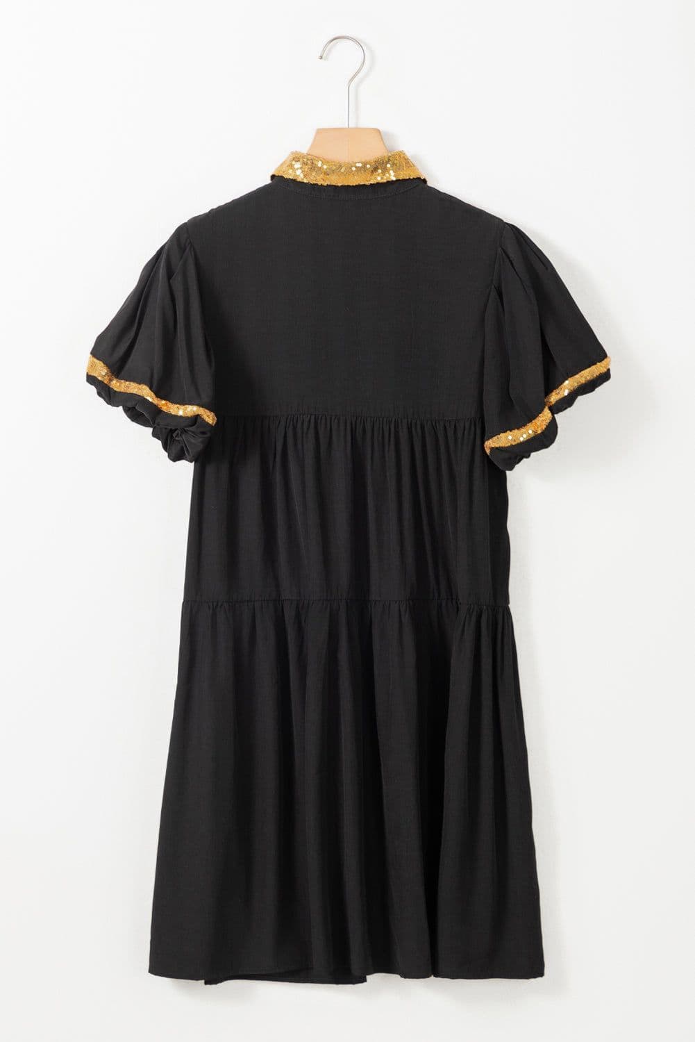 image-Black Sequin Trim Bubble Sleeve Game Day Shirt Dress