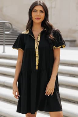 image-Black Sequin Trim Bubble Sleeve Game Day Shirt Dress