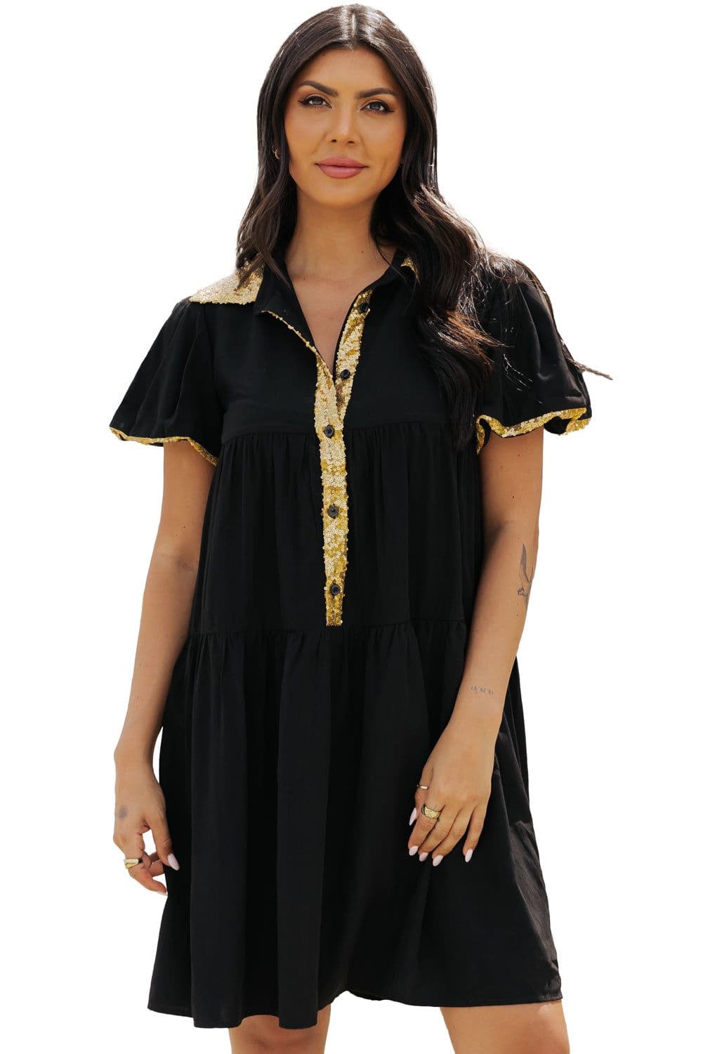 image-Black Sequin Trim Bubble Sleeve Game Day Shirt Dress