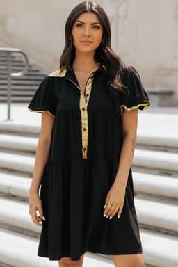 image-Black Sequin Trim Bubble Sleeve Game Day Shirt Dress