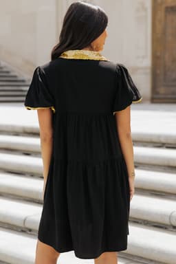 image-Black Sequin Trim Bubble Sleeve Game Day Shirt Dress