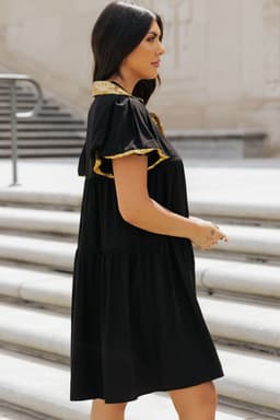 image-Black Sequin Trim Bubble Sleeve Game Day Shirt Dress