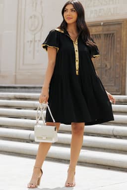 image-Black Sequin Trim Bubble Sleeve Game Day Shirt Dress