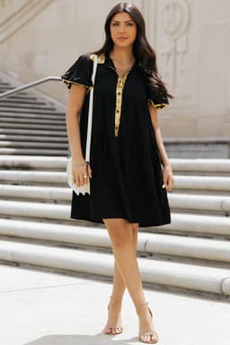 image-Black Sequin Trim Bubble Sleeve Game Day Shirt Dress