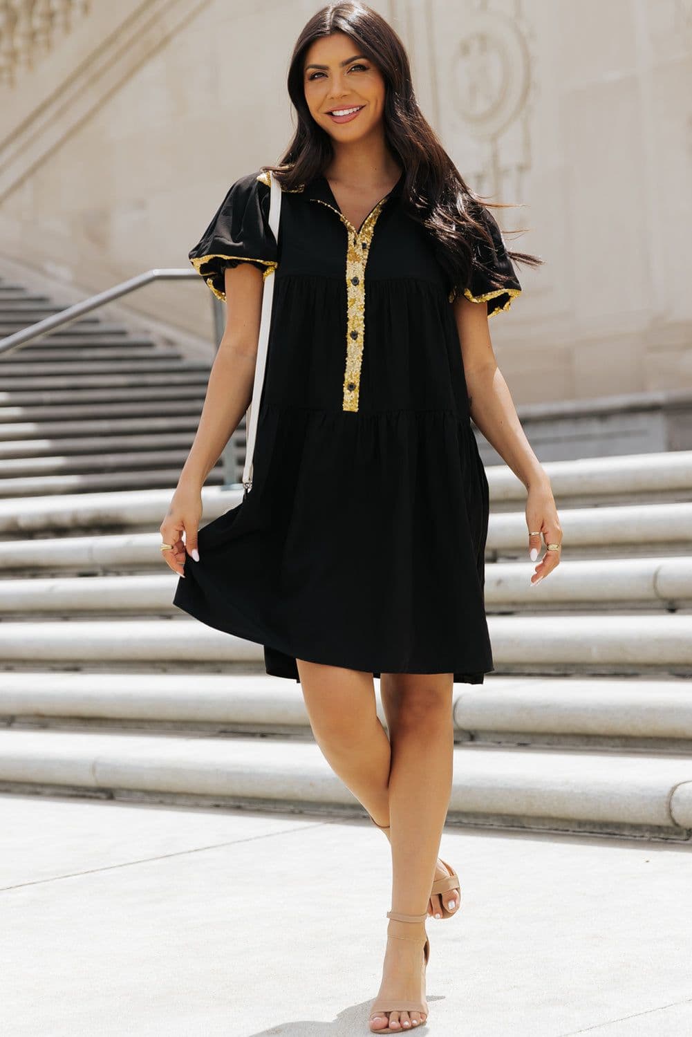 image-Black Sequin Trim Bubble Sleeve Game Day Shirt Dress