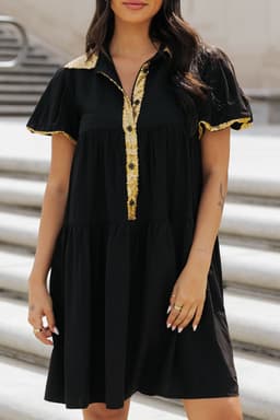 image-Black Sequin Trim Bubble Sleeve Game Day Shirt Dress