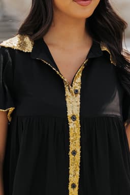 image-Black Sequin Trim Bubble Sleeve Game Day Shirt Dress