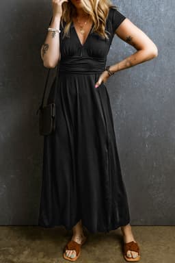 image-Peacock Blue Short Sleeve Shirred High Waist V Neck Maxi Dress