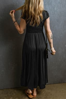 image-Peacock Blue Short Sleeve Shirred High Waist V Neck Maxi Dress