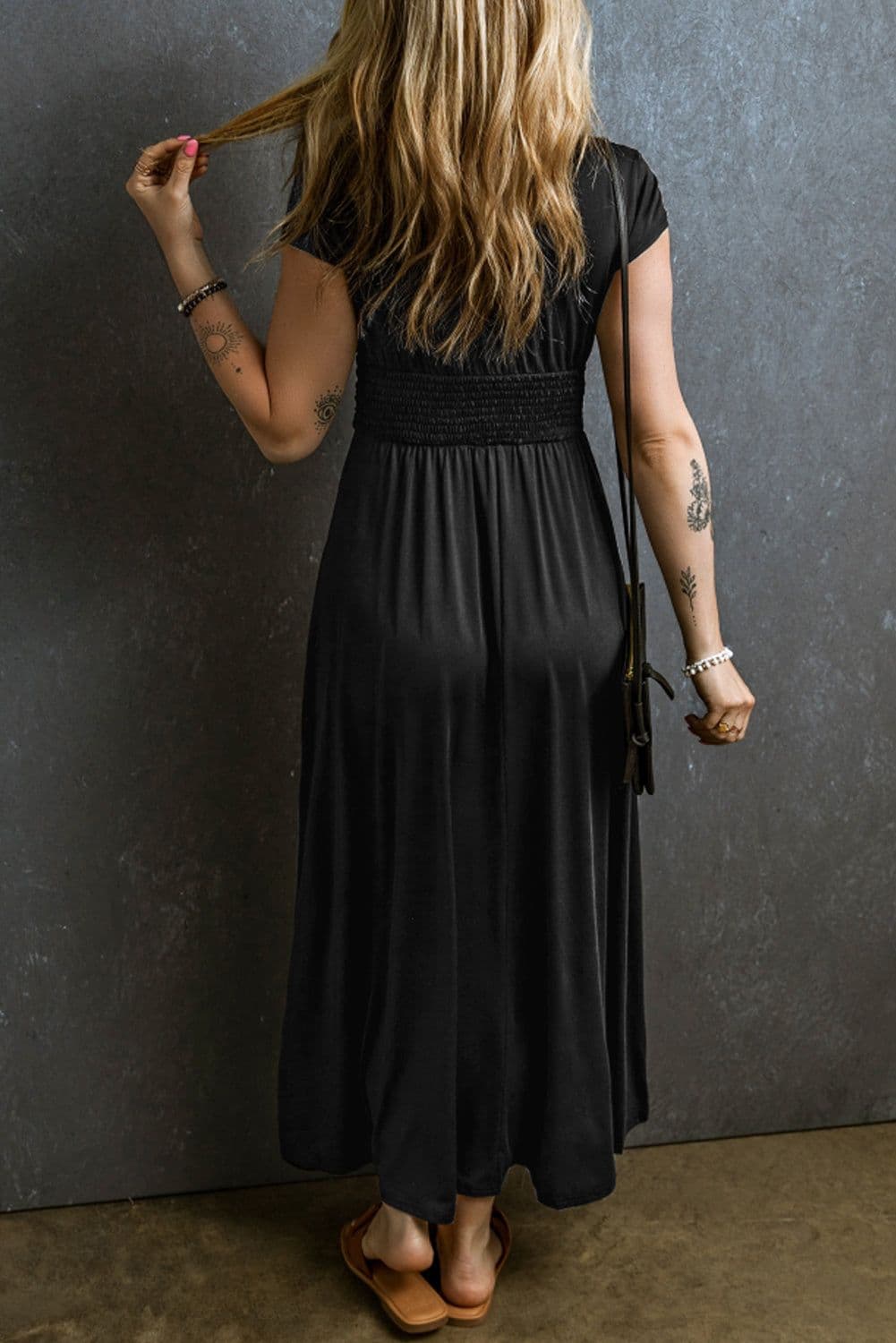 image-Peacock Blue Short Sleeve Shirred High Waist V Neck Maxi Dress