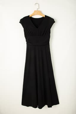 image-Peacock Blue Short Sleeve Shirred High Waist V Neck Maxi Dress