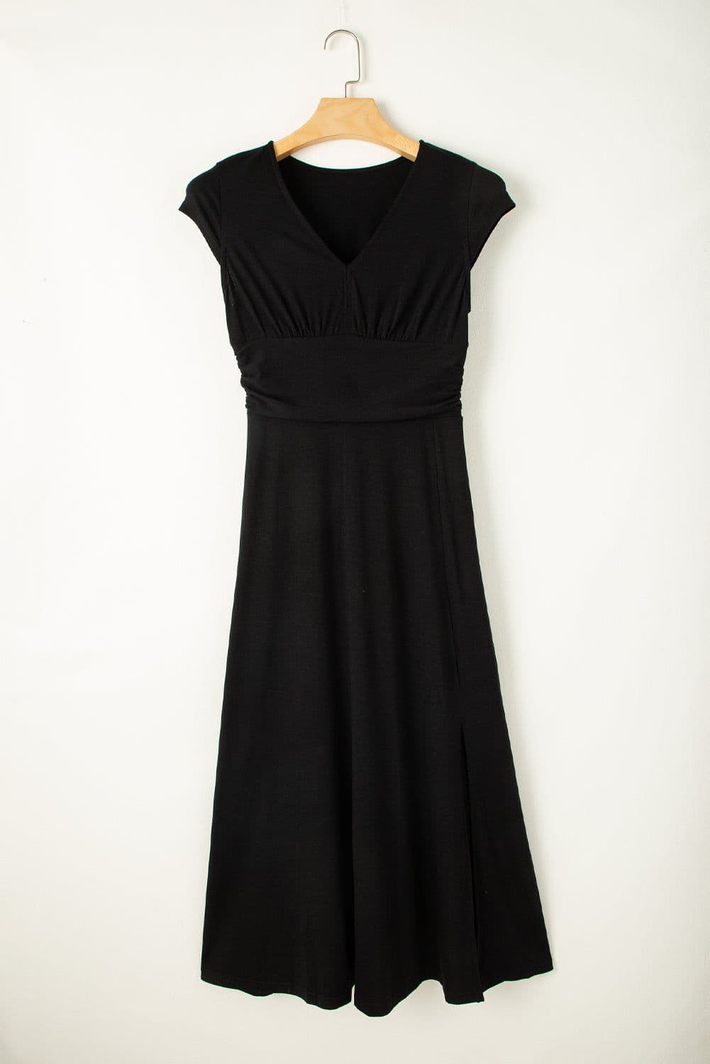 image-Peacock Blue Short Sleeve Shirred High Waist V Neck Maxi Dress