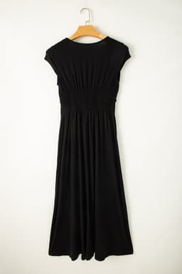 image-Peacock Blue Short Sleeve Shirred High Waist V Neck Maxi Dress