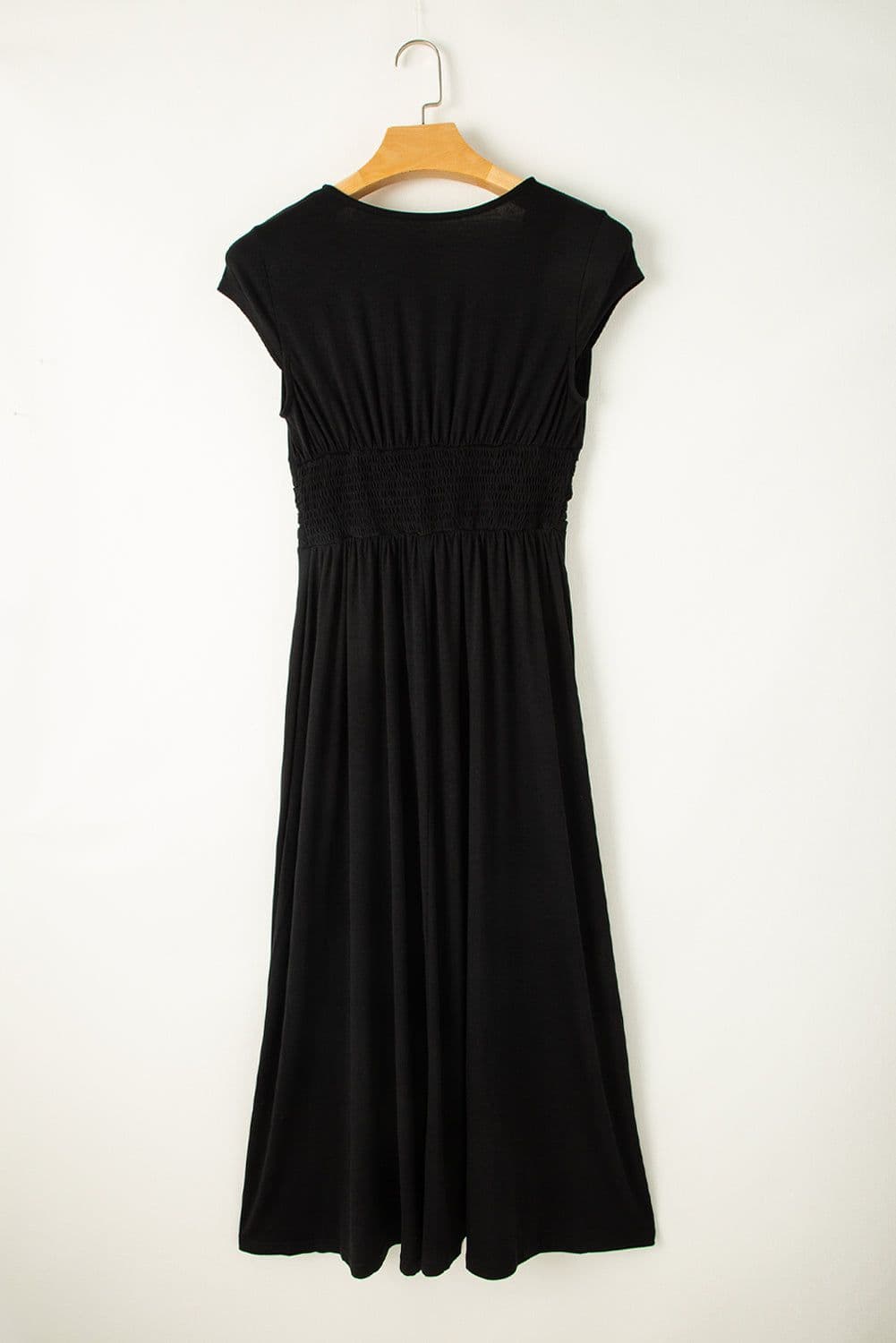 image-Peacock Blue Short Sleeve Shirred High Waist V Neck Maxi Dress